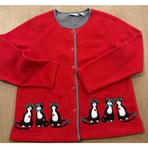 Vintage Christmas Fleece Button Baxter Wells Cat mistletoe Red Small Cardigan